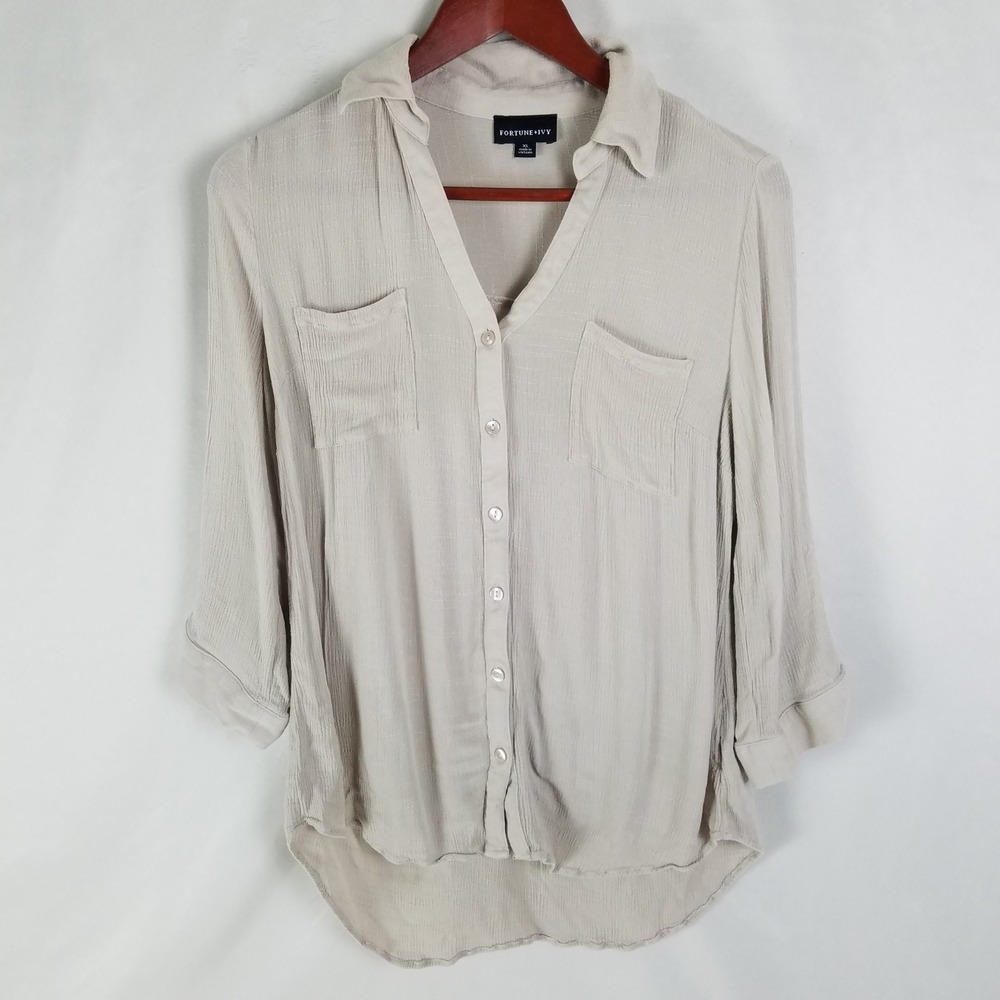Fortune Ivy Womens Beige Textured Button Down Shirt Lightweight‎ Rayon XL Sheer